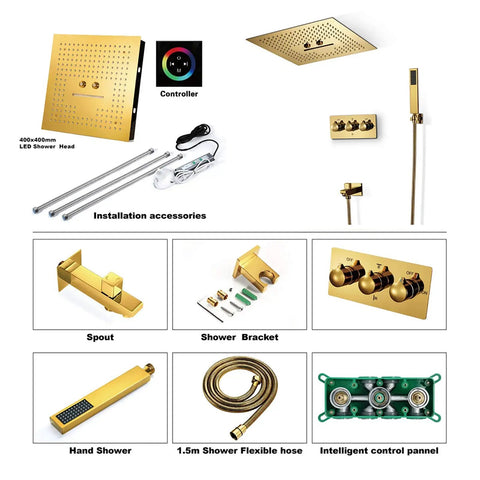 Top Shelf Ceiling Mounted Rain Shower System With 16 Inch Brushed Gold Heads Custom Led Colors And Smooth Touch Controls Hooked Up With Handheld Sprayer And Tub Spout For A Knockout Bath Upgrade installation accessories including shower head, spout, and control panel.