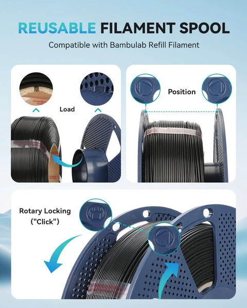 Turbocharged PLA Plus 2.0 Filament 1.75mm Black Two 1kg Spools assembly guide for easy loading and locking on FDM printers
