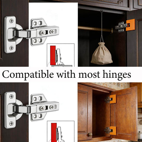 Magnetic Door Hinge Jig Set Four Piece Quickly Aligns And Mounts Hinges Hands Free With 2mm Gap Locator For Cabinets And Doors Fits Most Doors Bright Orange installed on cabinet.