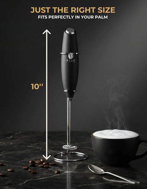 Versatile Handheld Milk Frother With Stand For Lattes Cappuccinos And Hot Chocolate Quick Foaming Wand With Coffee and Cup
