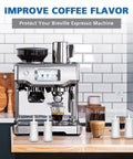 Water filter replacement cartridges for Breville espresso machines, set of four white filters on a kitchen counter.