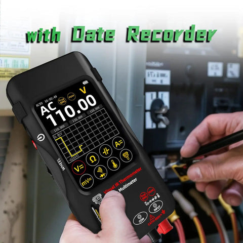 Thermal Imaging Multimeter With Macro Lens And Date Recorder 428x320 IR Resolution 15 Palettes in use, measuring voltage.