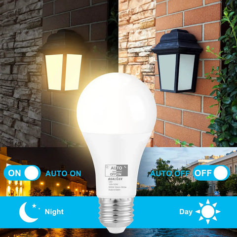 Dusk To Dawn Outdoor A19 LED Bulbs With Auto On Off Photocell Sensor No App Needed 60W Equivalent Warm White 3000K displayed outdoors