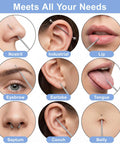 Diagram showing Pro Gear Ball Grabber Tool Kit for Piercing Tapers in use on different piercing types: nostril, industrial, lip, and more.