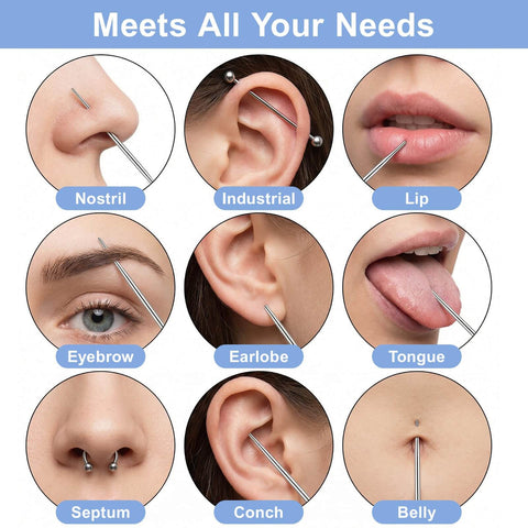 Diagram showing Pro Gear Ball Grabber Tool Kit for Piercing Tapers in use on different piercing types: nostril, industrial, lip, and more.