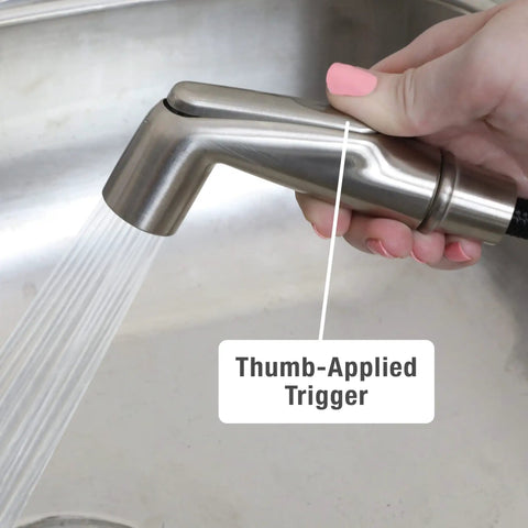 Brushed Nickel Kitchen Sink Side Spray Head 1 Pack With Easy On Off Thumb Control showing water spray