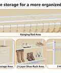 The Go To Portable Wardrobe Closet And Clothes Rack With Four Tier Shelves For Folded Fits And Bags Plus A Double Layer Shoe Rack That Holds Fourteen Pairs And Plenty Of Hanging Spots To Keep Your Jacket And Blouse Collection Squeaky Clean showcasing hanging rods, 2-layer shoe rack, and storage area.