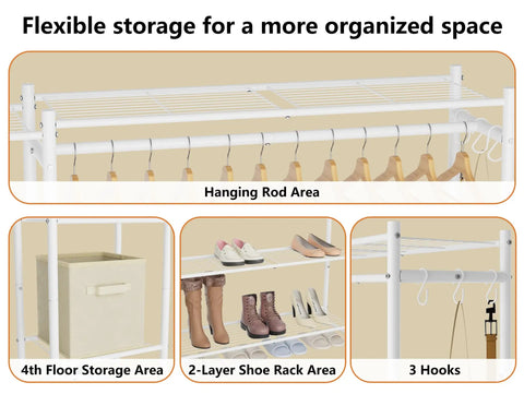 The Go To Portable Wardrobe Closet And Clothes Rack With Four Tier Shelves For Folded Fits And Bags Plus A Double Layer Shoe Rack That Holds Fourteen Pairs And Plenty Of Hanging Spots To Keep Your Jacket And Blouse Collection Squeaky Clean showcasing hanging rods, 2-layer shoe rack, and storage area.