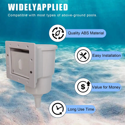SP1091LX Above Ground Pool Skimmer Replacement Kit Dyna-Skim With Accessories underwater view, showing ABS material, easy install icons.