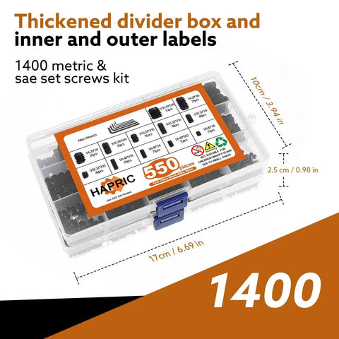 Pro Grade Set Screw Kit With 1400 Pieces In SAE And Metric Sizes displayed in a clear plastic box with labeled compartments.