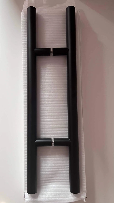 Back To Back Stainless Steel Ladder Style Door Pull Handle Set In Matte Black 24 Inch for shower glass doors, barn doors.