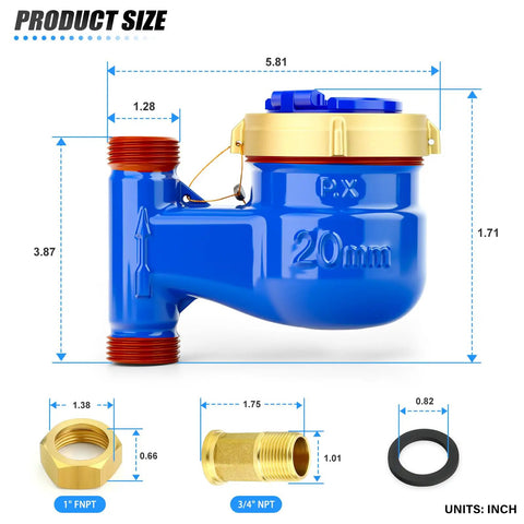 Vertical Water Meter With Three Quarters Inch NPT Couplings For Garden Or Home Use, Cold Water Meter With Brass Fittings, Iron Body