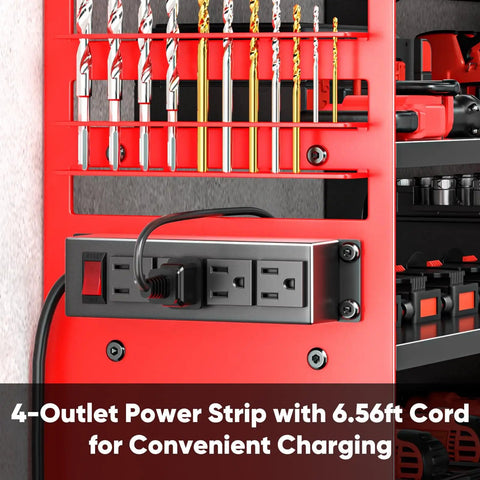 Beefy Power Tool Organizer Wall Mount With Charging Station, showing 4-outlet power strip on metal shelf with drill holders