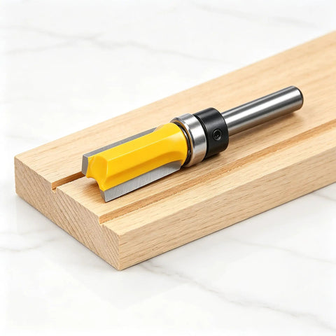 4 Piece Flush Trim Router Bit Set With Top Bearing Carbide Cutters For template routing, showcasing a 1/2 inch bit on wood.