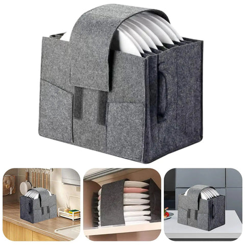 Road Ready Felt Plate Organizer And Campervan Cabinet Game Changer, Knockout Eight Slot Dinnerware Holder In Clean Gray on kitchen counter.