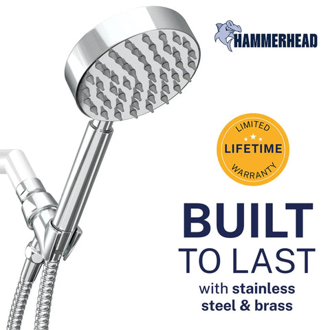 Solid Metal Handheld Shower Head With Hose And Brass Holder Chrome Finish 2.5 GPM High Pressure No Rust Heavy Duty Build 6 Foot Flexible Extension Durable