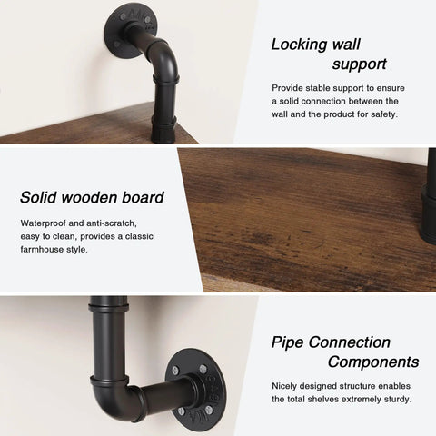 Heavy Duty Double Tier Industrial Pipe Wall Shelves With Genuine Rustic Wood detail on robust locking wall support and wooden board.