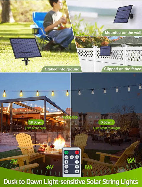 Illustration of 48Ft Solar Powered Outdoor String Lights With Remote Waterproof Dimmable Patio Lighting setup and features.