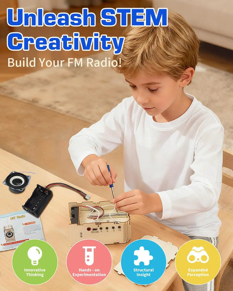 Boy assembling Hands-On FM Radio Kit For Kids And Teens Ages 8 12 13 14 STEM Toys Electronics Project Build Your Own Radio Educational Toy