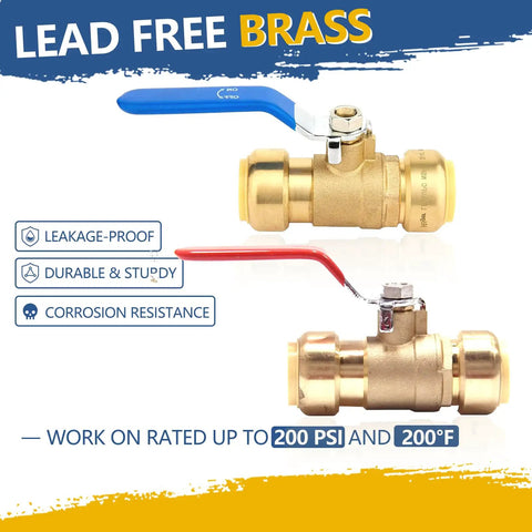 Heavy Duty One Inch Push To Connect Ball Valve With Slick Snap Fast Shut Off Operation For Stress Free Hot Cold Water Plumbing Upgrades That Works Like A Charm For Handymen And Seasoned Pros Alike Pack Of Thirty Pieces - lead free brass valve with blue and red handles.