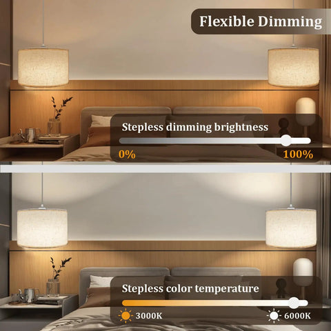 2 Pack Plug In Pendant Lights With Remote Beige Linen Hanging Lamps For Bedroom Kitchen And Dining Room 15 Foot Clear Cord Smart Bulbs Included Zero Hassle Swag Hook Setup For Chill Home Vibes with dimming feature.