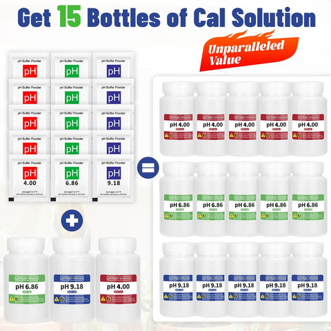 15 Pack pH Buffer Powder Calibration Kit With 4.00 6.86 9.18 pH Buffers And 3 Extra Bottles for digital meter calibration.