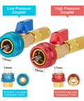 AC Valve Core Remover Tool Kit With Quick Release For R134a And R1234yf, showing high and low pressure couplers with dimensions.