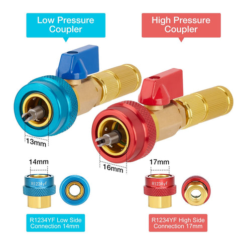 AC Valve Core Remover Tool Kit With Quick Release For R134a And R1234yf, showing high and low pressure couplers with dimensions.