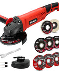 Beast Of A 4-1/2 Inch Angle Grinder With 7.5 Amp Motor 6 Variable Speeds 12000 RPM Includes Safety Guards Cutting Wheels Flap Discs And A Non Slip Handle For Metal And Wood Projects shown with accessories.