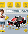 12V Kids Ride On Building Block Car With Parental Remote Control Buildable Jeep Or Go Kart Mode shown with dimensions in red
