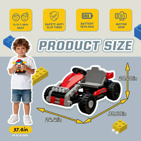12V Kids Ride On Building Block Car With Parental Remote Control Buildable Jeep Or Go Kart Mode shown with dimensions in red