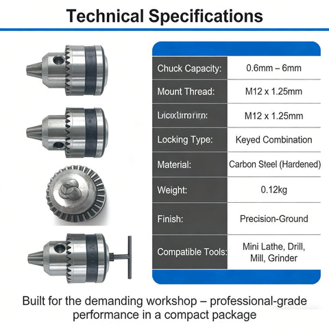 Mini Drill Chuck 0.6 To 6 Mm With M12 Thread, Carbon Steel Collet Chuck for Tiny Lathe with specs and components