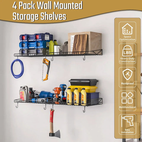 4 Pack Heavy Duty Garage Wall Shelves With 8 Hooks, Wall Mounted Floating Shelves Hold Up To 45 Lbs Each, 180 Lbs Total