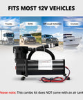 Heavy Duty 200 Psi Onboard Air Compressor For Cars And Trucks, 12 Volt Hella Quick Fill Blower with fittings and hoses.