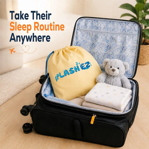 Suitcase with On-The-Go Toddler Bed Rails Two-Pack Inflatable Bumpers, teddy bear, and SplashEZ bag for travel.