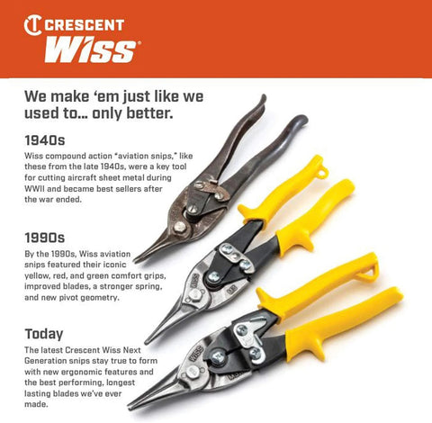 Crescent Wiss MetalMaster aviation snips set with three snips straight left right yellow handles.