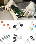 1400 Piece Electronics Component Kit With LEDs Diodes Resistors Electrolytic And Ceramic Capacitors Transistors For Arduino And DIY Projects All In One Starter Assortment Sweet For Beginners And Makers with components arranged