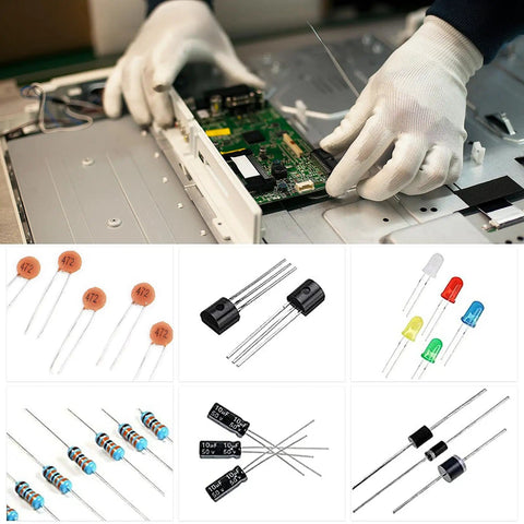 1400 Piece Electronics Component Kit With LEDs Diodes Resistors Electrolytic And Ceramic Capacitors Transistors For Arduino And DIY Projects All In One Starter Assortment Sweet For Beginners And Makers with components arranged