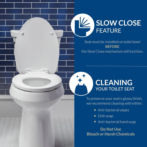 Rainfall Style Slow Close Toilet Seat With Easy Clean Hinges And Durable Wood Seat Elongated White For A Modern Bathroom Upgrade Made In USA No Tools Required For Simple Home Upgrade shown with cleaning instructions