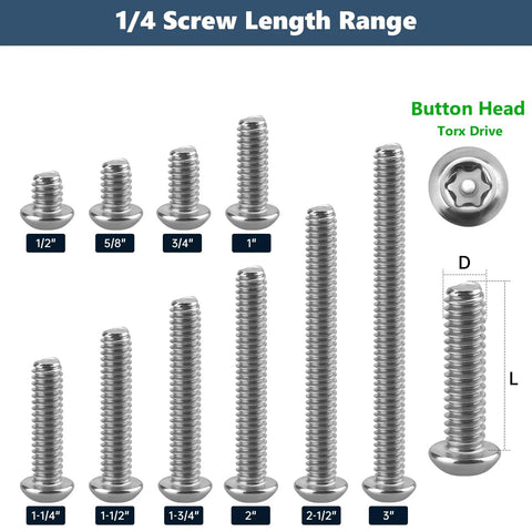 1/4-20 X 1/2 Inch Torx Security Machine Screws 304 Stainless Steel Button Head showing size range for secure applications.