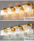 Four Light Vanity Light In Gold Brushed Brass Finish With Clear K9 Crystal For Bathroom Wall Sconce Lighting Modern Sleek Luxury Fixture Dope For Powder Room Or Spa Like Glow showing white and warm light settings