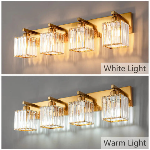 Four Light Vanity Light In Gold Brushed Brass Finish With Clear K9 Crystal For Bathroom Wall Sconce Lighting Modern Sleek Luxury Fixture Dope For Powder Room Or Spa Like Glow showing white and warm light settings