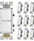 Double Paddle Rocker Decorator Light Switch For Single Pole Wiring Dual Self Grounding On Off Interrupter 15 Amp In Wall Switches UL Listed 10 Pack White, front view