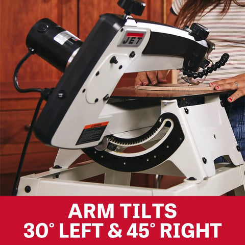 18 Inch Variable Speed Scroll Saw With 120V Power, Tilt Arm 45 Degrees Right And 30 Degrees Left, Removable Dust Port, Two And One Half Inch Port, Large Eleven And Five Eighths Inch By Twenty One Inch Steel Table, Vibration Free Precision Woodworking