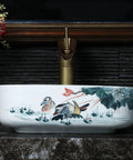 Square Sink Bowls For Bathroom,Ceramic Vessel Sink With Faucet And Drainer Above Counter White Porcelain Ceramic Vessel Vanity Sink With Flower-15 L X 15" W X 5.3" H with floral designs, countertop view.