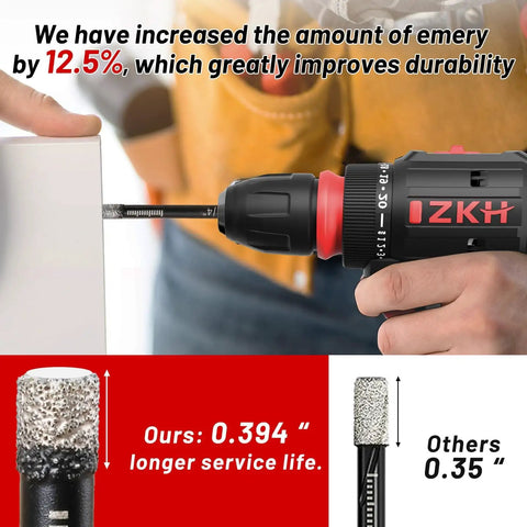 Dry Diamond Drill Bits Set For Tile And Stone, 8 Pc With Integrated Coolant, shown in use with drill on white tile