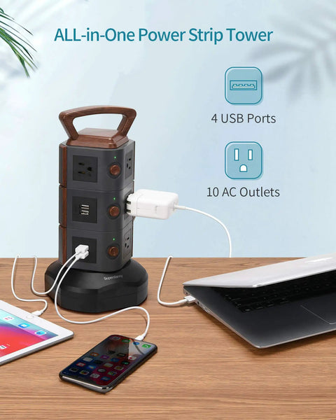 Vertical Power Strip Tower With 10 Outlets And 4 USB Ports, Retractable 6.5ft Cord, Wood Grain Desk Charger on desk with devices