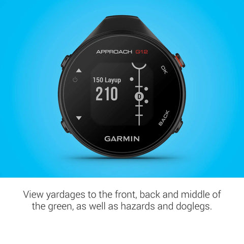 Approach G12 Clip On Golf GPS Rangefinder displaying yardages and course layout with a blue background.
