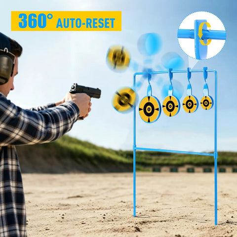 Beefy 3/8 Inch Thick Solid Steel Spinner Target With Auto Reset For Centerfire Handguns Up To 44 Magnum, blue target in use.