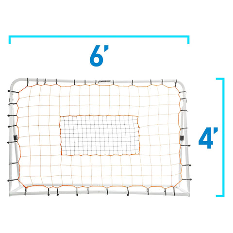 Front view of Adjustable Soccer Rebounder 6 Foot By 4 Foot For Training With Angles To Practice Ground Passes, durable steel frame.